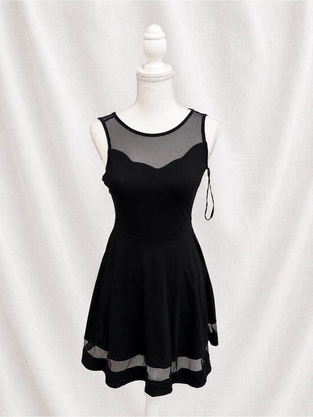 Sleeveless Black Mesh Yoke Skater Dress